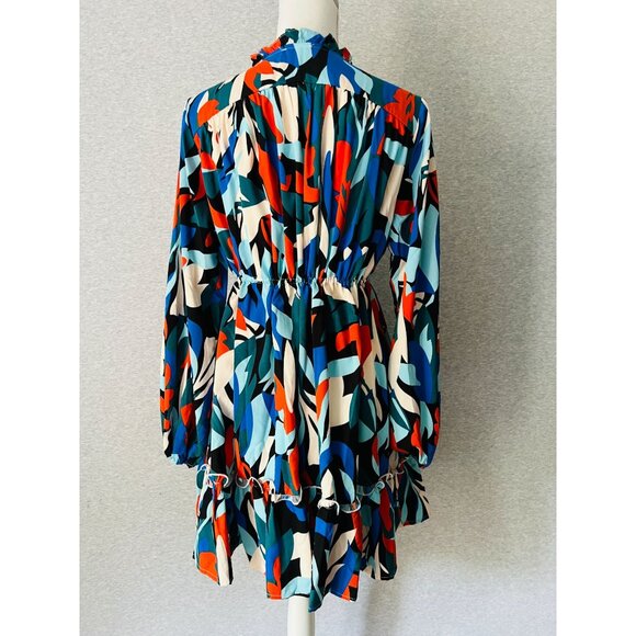 Jodifl Abstract Mini Dress Womens Small Colorful Ruffled Long Sleeve Tie Waist - Picture 2 of 10